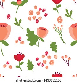 Hand drawn seamless botanical pattern. Texture with abstract flowers, herbs elements. Endless backdrop. Can be used for wallpaper, pattern fills, wrapping paper and other decorations.