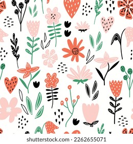 Hand drawn seamless botanical pattern. Colorful creative floral vector texture. Creative summer background for fabric, textiles, wallpaper. Naive flowers. Bohemian texture.