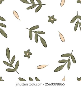 Hand drawn seamless botanical pattern featuring green leaves and soft floral elements on white background