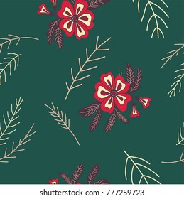 Hand drawn seamless botanical textile, fabric. Texture with abstract flowers, herbs  element on green. background. Can be used for wallpaper, pattern fills, wrapping paper and other decorations.