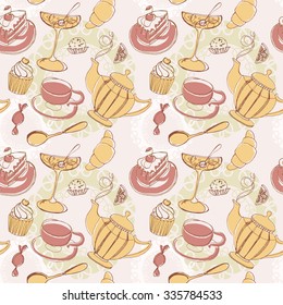 hand drawn seamless breakfast food pattern with cookies cake sweets and tea