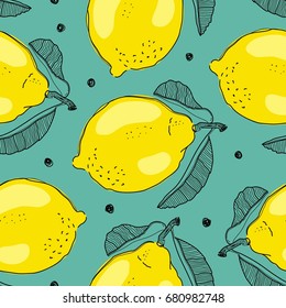 Hand drawn seamless bright lemon pattern in vector