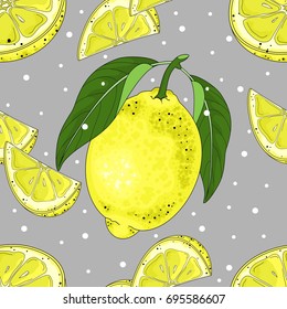 Hand drawn seamless bright lemon pattern in vector.