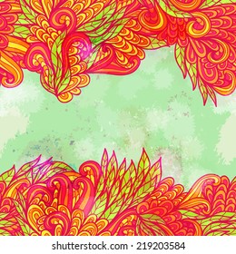 Hand drawn seamless bright pink and blue invitation card design with leaves. Eps10