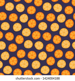 Hand drawn seamless bright vector pattern with orange, lemon slices, on a dark blue background. Scandinavian style flat design. Concept for summer textile print, wallpaper, wrapping paper.