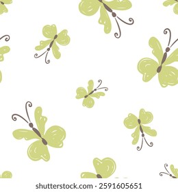 Hand drawn seamless butterfly pattern in light green tones vector illustration