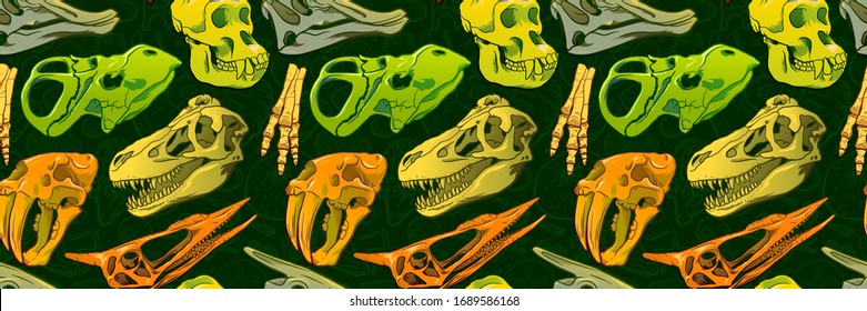 Hand Drawn Seamless Cartoon Dinosaur Skull pattern for girls and boys' clothes. Funny paleontology wallpaper for textile and fabric. Paleontology style.