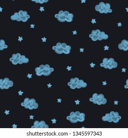 Hand drawn seamless childish pattern with blue clouds.