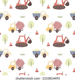 Handgezeichnet nahtlose kindliche einfache Muster mit Betonmischer und Bagger. Kindernahtloses Muster mit Baumaschinen. Textur für Babygewebe, Boho und skandinavischen Stil. Vektorgrafik.