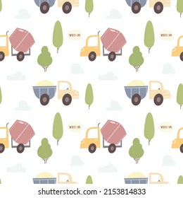 Handgezeichnet nahtlose kindliche einfache Muster mit Betonmischer und Sandstapler. Kindernahtloses Muster mit Baumaschinen. Textur für Babygewebe, Boho und skandinavischen Stil. Vektorgrafik.