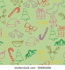 Hand drawn seamless christmas background. Color objects drawing. Design illustration for poster, flyer . EPS pattern