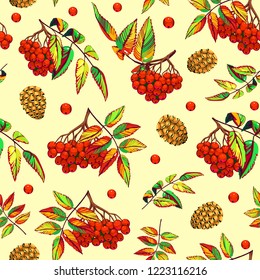 Hand drawn seamless christmas pattern with red berries and cone. Vector illustration