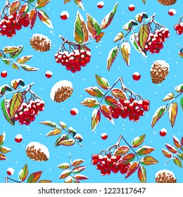 Hand drawn seamless christmas pattern with red berries and cone. Vector illustration