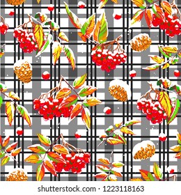 Hand drawn seamless christmas pattern with red berries and cone. Vector illustration