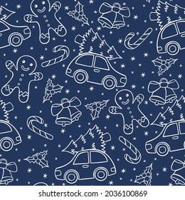Hand drawn seamless Christmas pattern with car, candy cane, gingerbread man and bells in doodle style.