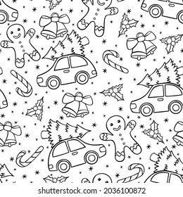 Patrón de Navidad sin fisuras dibujado a mano con auto, bastón de caramelo, hombre de jengibre y campanas al estilo de doodle.