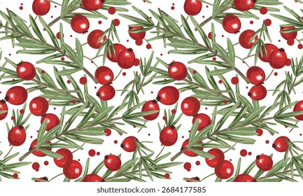 Dibujado a mano patrón de Navidad sin fisuras con ramas de romero y bayas rojas Fondo blanco Diseño web decoración cartel