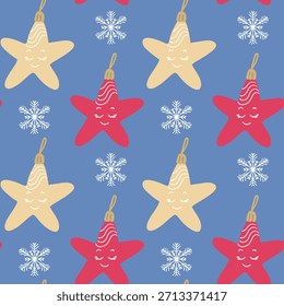 Handgezeichnetes nahtloses Weihnachtsmuster mit lächelndem Sternenschmuck und Schneeflocken auf blauem Hintergrund. Diese Illustration stellt festliche Dekoration Winterurlaub Stimmung