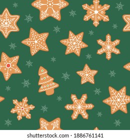 Hand Drawn Seamless Christmas Wallpaper with Gingerbread Cookies on green background. Gingerbread cookie pattern, background, wrapping paper. 