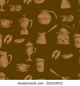 Hand drawn seamless coffee background  in dark shades