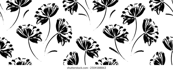 Hand drawn seamless collage of modern floral background. Botanical pattern of abstract flowers and leaves of black silhouettes and strokes. Print for wallpaper, summer fabric, bed linen, textiles