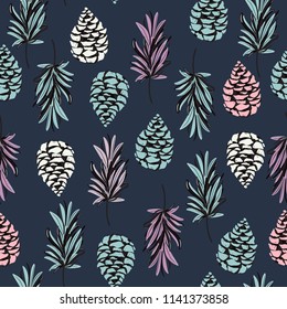 Hand drawn Seamless color autumn elements of nature, pine nuts, leaves. Vector drawing autumnal theme for fashion,fabric,and all prints on dark blue color background