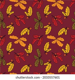 Hand drawn seamless color pattern with  autumn oak leaves and acorns. Simple art vector illustration for packaging, wallpaper, wrapingpaper, fashion desine. Doodle style.