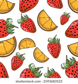 Hand drawn seamless colored orange and strawberry pattern