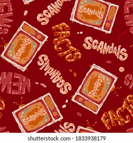 Hand drawn seamless colored pattern cartoon doodle television tv vector illustration with lettering word video news, facts, scandals in vintage modern style