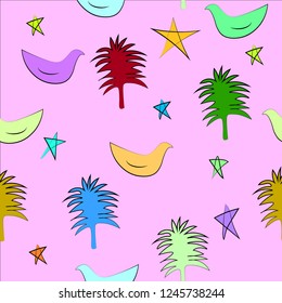 Hand drawn seamless of colorful dove with star and trees out line graphic in kids art style