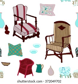 Hand drawn seamless colorful pattern with set of living furniture - chairs, armchairs, vases, tables, pillows. Design of postcard , textile, notebook, book.