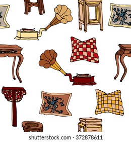 Hand drawn seamless colorful pattern with set of living furniture - chairs, gramophone, tables, pillows. Hand drawn design of postcard , textile, notebook, book.