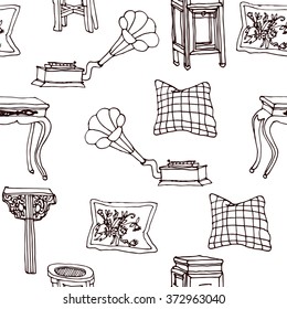 Hand drawn seamless colorful pattern with set of outline living furniture - chairs, gramophone, tables, pillows. Hand drawn design of postcard , textile, notebook, book.