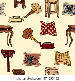 Hand drawn seamless colorful pattern with set of living furniture - chairs, gramophone, tables, pillows. Hand drawn design of postcard , textile, notebook, book.