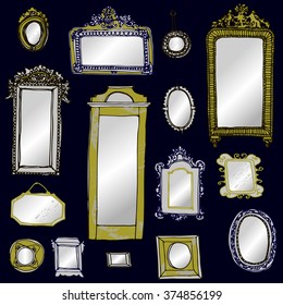 Hand drawn seamless colorful pattern with set of old vintage gold mirrors . Hand drawn design of postcard , textile, notebook, book, wallpaper.