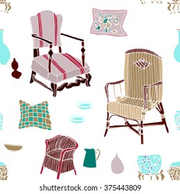 Hand drawn seamless colorful pattern with set of living furniture - chairs, armchairs, vases, tables, pillows. Design of postcard , textile, notebook, book.