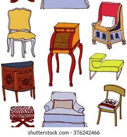 Hand drawn seamless colorful pattern with set of living furniture - chairs, armchairs, bureau . Design of postcard , textile, notebook, book.