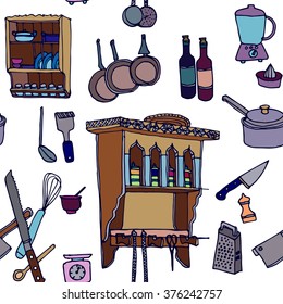 Hand drawn seamless colorful pattern with set of kitchen furniture and dishes- kitchen shelf, crockery, plates, cups,knife, grater, pans, scales. Design of postcard , textile, notebook, book.