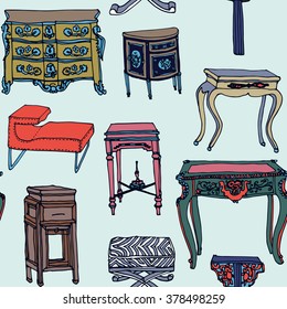 Hand drawn seamless colorful pattern with set of living furniture - chairs, armchairs, stool, tables, bureau. Design of postcard , textile, notebook, book.