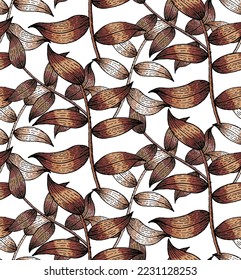 Hand drawn seamless copper color leaves pattern design vector. line art vector, white background