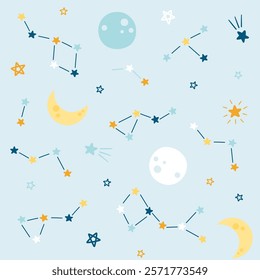 Hand drawn seamless cosmos pattern in the blue background. Cute planets stars and moon abstract patterns. Perfect for kids fabric textile nursery wallpaper. Vector illustration.