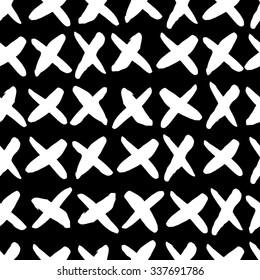Hand drawn seamless cross shapes pattern. Dry and rough edges ink doodle illustration. Abstract vector background. White and Black