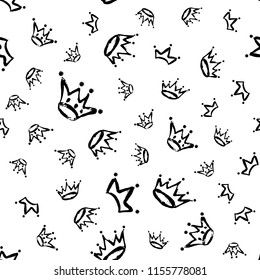 Hand drawn seamless Crown pattern in black color isolated on white. Ink doodle crowns background for Queens, Kings cartoon design. Children room fabric wallpaper, clothes texture. Vector illustration