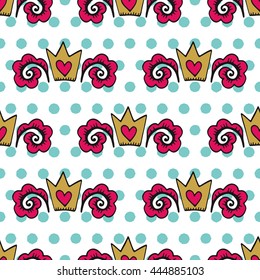 Hand drawn seamless crown vintage pattern. Vector image in retro style. Apparel design, poster background.