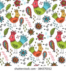 Hand drawn seamless cute colorful pattern. Birds and  flowers. Childish background.