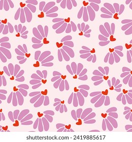 Hand drawn seamless cute floral pattern. Abstract floral print. Cute trendy design with hearts. Seamless heart print.