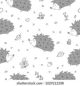 Hand Drawn seamless cute hedgehog pattern vector illustration.