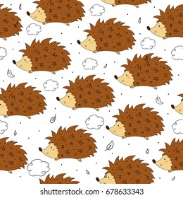 Hand Drawn seamless cute hedgehog pattern vector illustration
