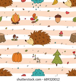 Hand Drawn seamless cute hedgehog pattern vector illustration