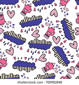 Hand drawn seamless cute pattern. Vector background with cartoon elements. Summer or spring design for prints, posters, t-shirt